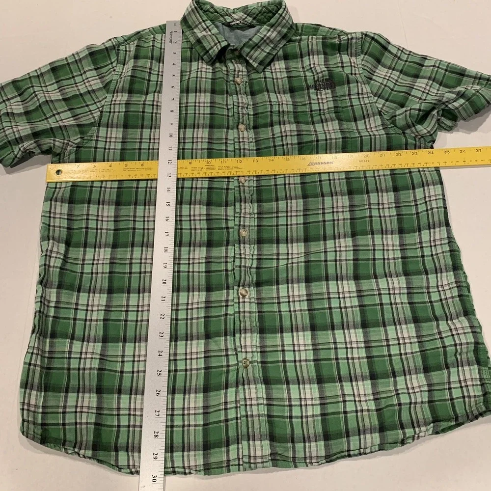 North Face Men Short Sleeve Green Button Plaid Soft Cotton Outdoor Shirt Sz XL‎